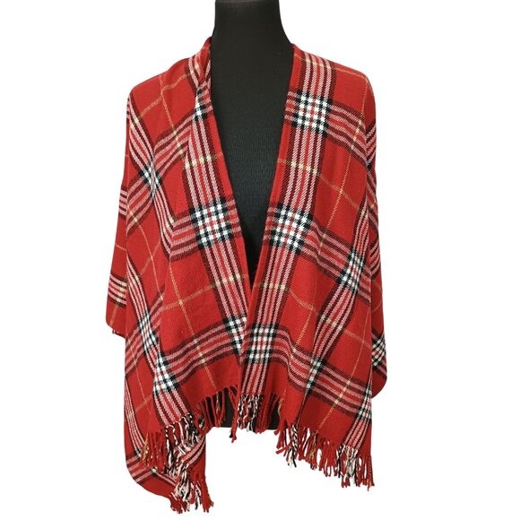 V FRAAS Women’s Red Tartan Plaid Fringe Wrap Scarf Poncho Topper Germany Made OS - Picture 1 of 7